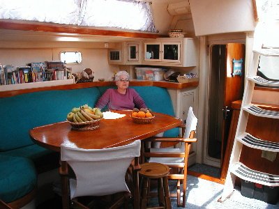 In the Salon, below deck.