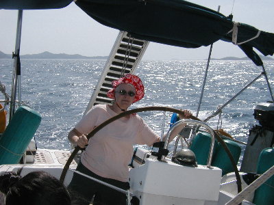 Bev at the Wheel.  9.3 Knots!
