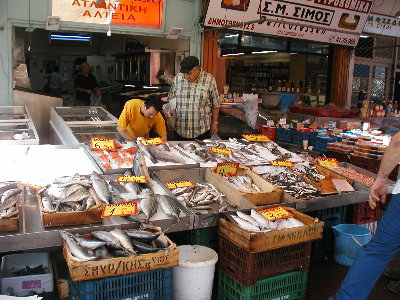 Off the boat; back in Athens. Visiting fish market in Pireas.